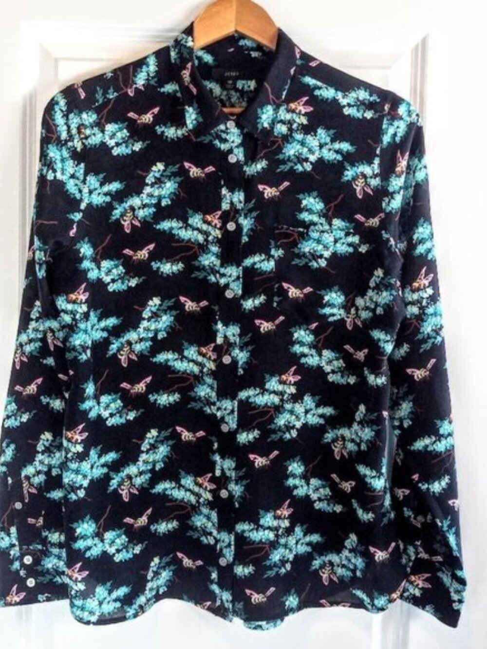 J. Crew Classic Fit Black Floral Botanical Bees Long Sleeve Blouse size 10